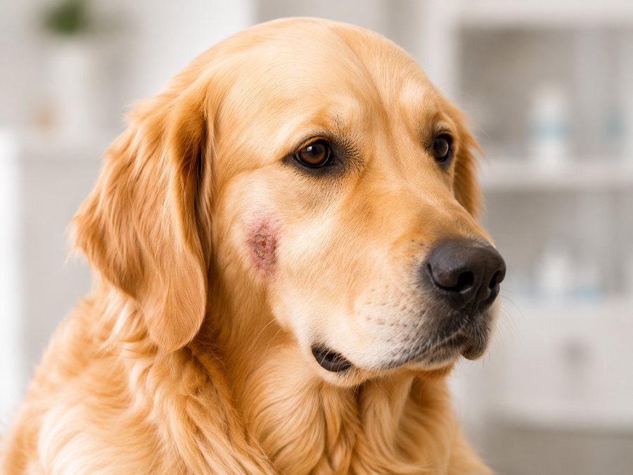 Golden retriever ze zmianą skórną na pysku