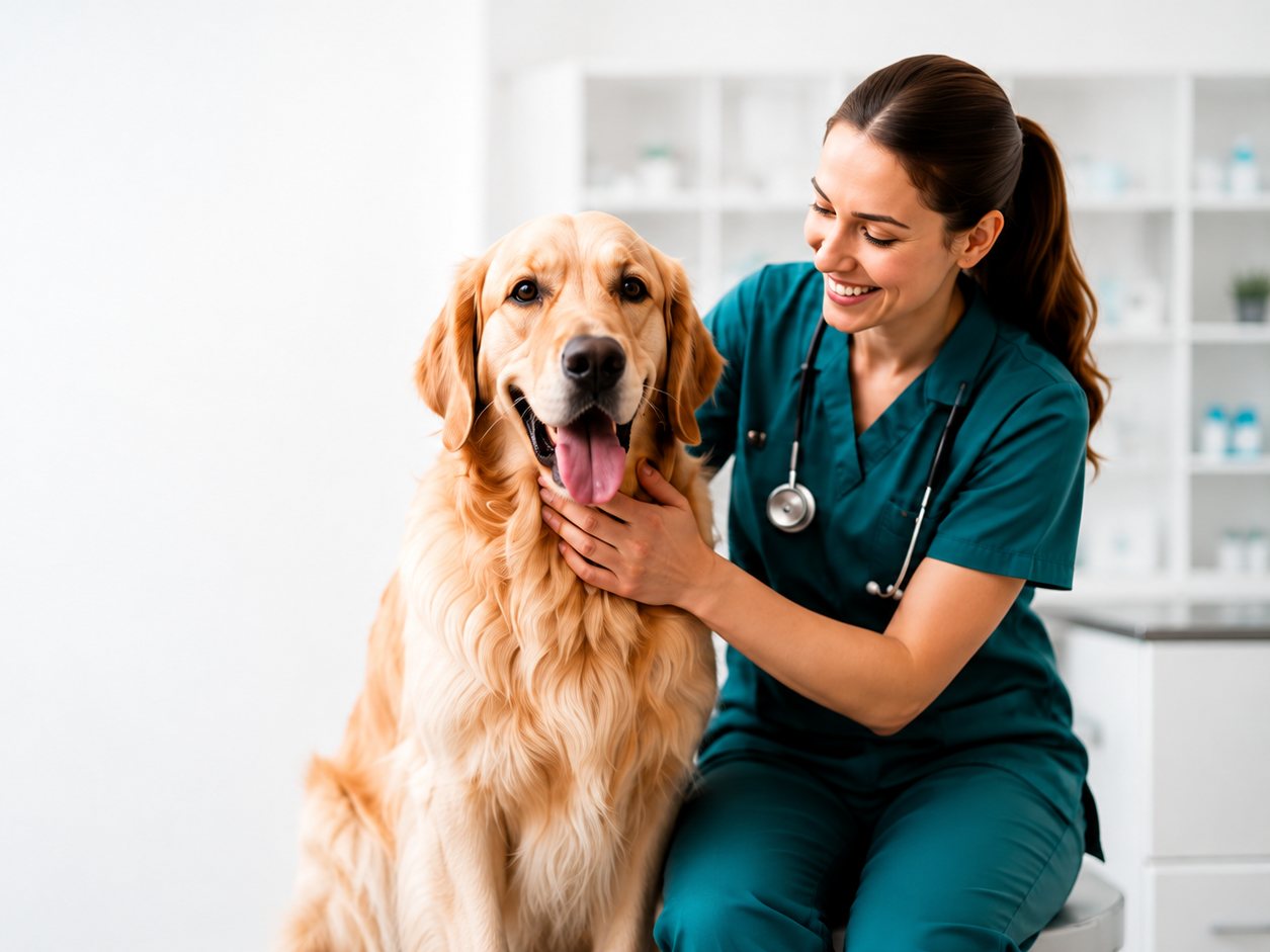 Lekarka weterynarii z golden retrieverem w gabinecie Przychodni Weterynaryjnej LEVET
