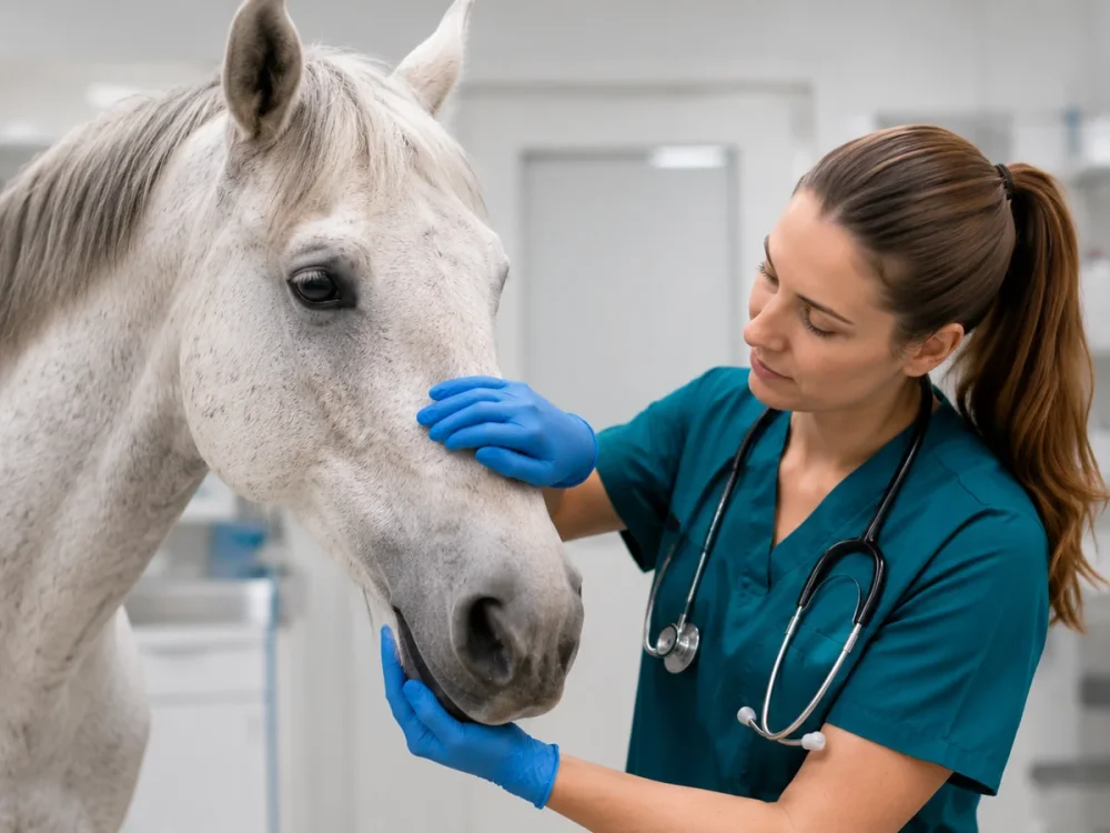 Lekarka weterynarii ogląda głowę siwego konia podczas badania klinicznego