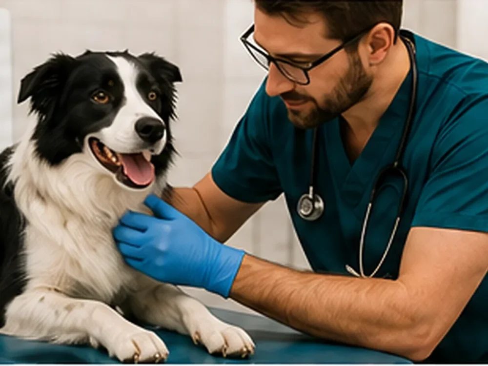 Lekarz weterynarii bada barki border collie na stole zabiegowym